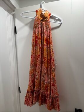 Zimmermann Floral Halter Midi Dress in Orange and Pink